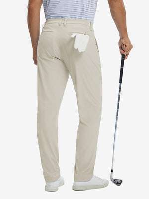 Back view of soft lightweight casual golf pants with 5 pockets, clean fit and structure in cream.
