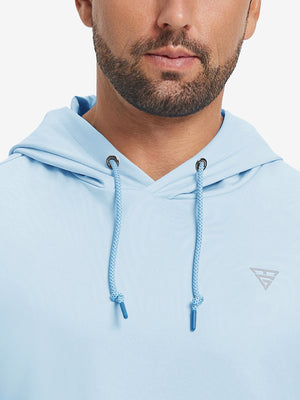 Close-up of collar area on casual solid fleece hoodies pullover in light blue, highlighting neckline detail.