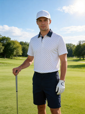 Outdoor shot of a model holding a golf club, wearing the white nav clue performance quick dry print golf polos with a relaxed fit