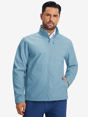 Model wearing winter thermal outdoor water resistant fleece jacket, hand in side pocket, relaxed fit in misty blue