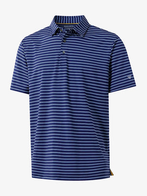 3D product view of NAVY/SKY BLUE STRIPE Youth Performance Golf Polo showing design and fit.