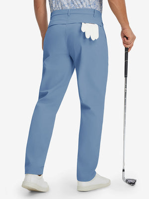 Model holding a golf club with one hand, back lower body shot wearing misty blue thermal water repellent fleece dress pants