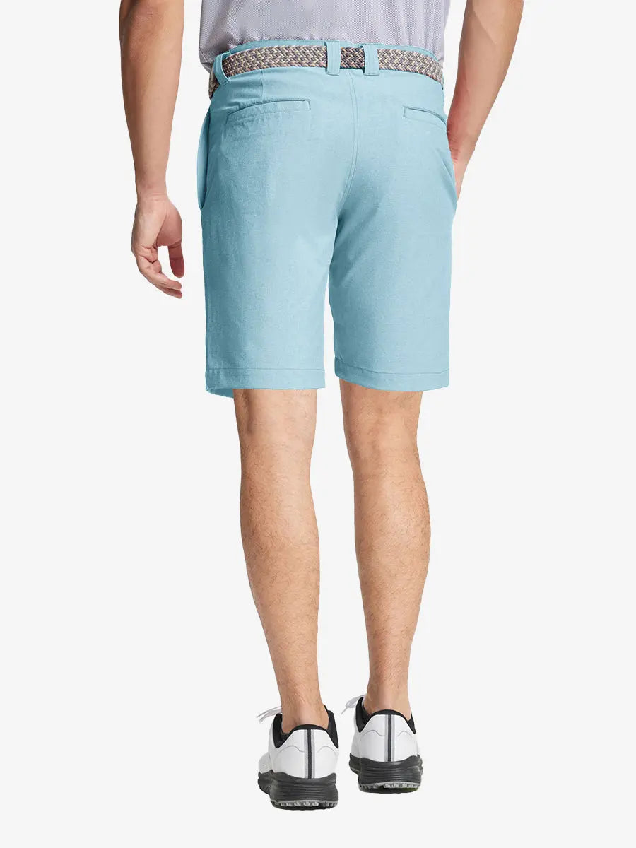 SKY BLUE 9 Inch Heather Performance Golf Shorts back view, model's lower body with hands in pockets