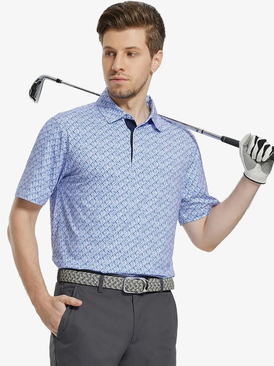 MAELREG Men's Performance Jersey Print Polo in Gingham Mosaic – front half-body with golf pose