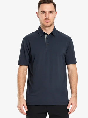 Half-body front pose with golf club in DARK GREY Ventilated Pique Performance Polo