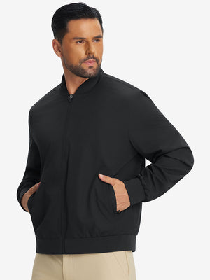 Model wearing casual windproof bomber jacket, black, front upper body with relaxed fit