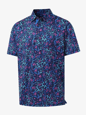 3D view of MAELREG Performance Jersey Print Polo in Navy Colorful Flower – breathable golf fabric