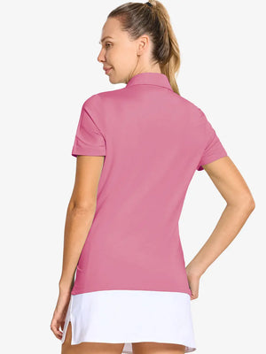 Back-side half-body shot of model in PINK LEMONADE Women's Performance Solid Polo, looking over shoulder