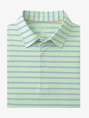 Folded Fruit Green Navy Stripe Performance Stripe Golf Shirt displayed flat