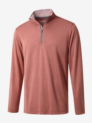 3D rendered display of the BRICK MELANGE Moisture Wicking Quarter Zip Pullover laid out in detail.