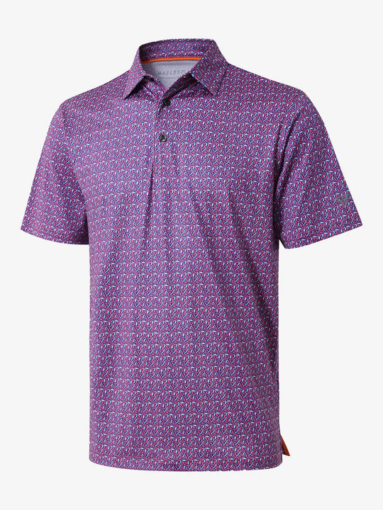 3D view showcasing the magenta geometric pattern polo shirt, emphasizing its modern design and vibrant energy