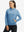 Model with one hand in side pocket wearing women's lightweight hoodies pullover in misty blue.