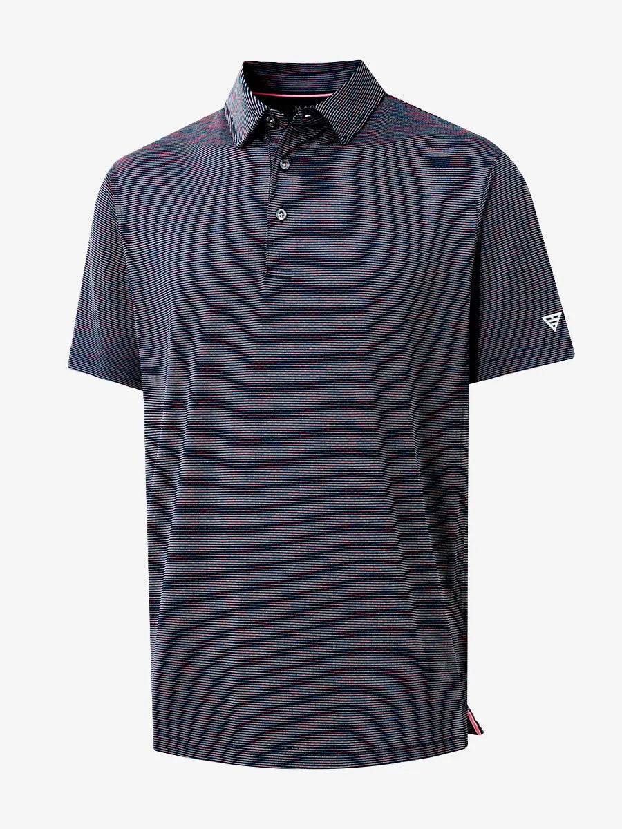 3D view of SPACE DYE STRIPE Performance Yarn Dye Striped Polo showing striped pattern and fit