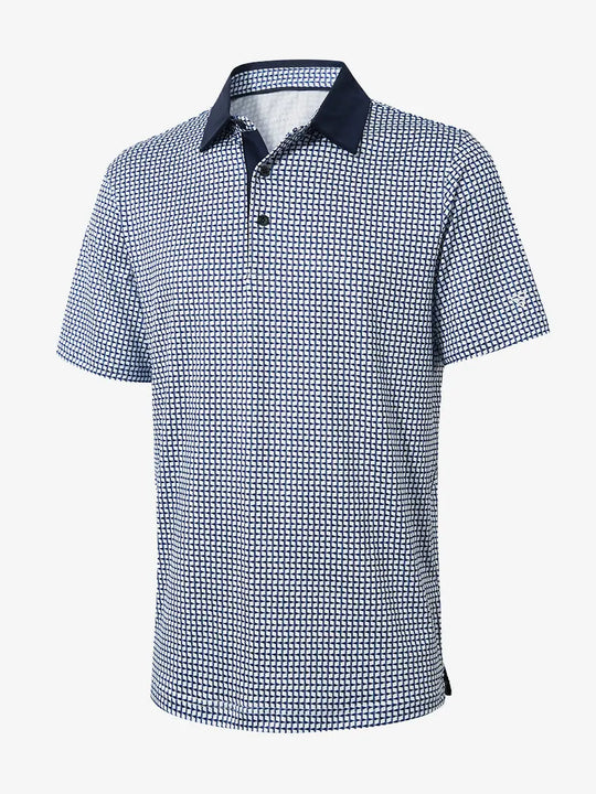 3D view showing the navy blue flagpole patterned model polo shirt, combining a sporty feel with a patriotic sentiment for a variety of golf activities.