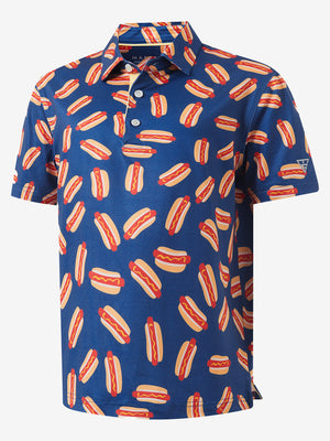 3D view of hot dog Performance Print Boys Golf Polo.