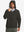 Model wearing water-resistant heat-tech softshell winter jacket with hood, coffee, front upper-body.