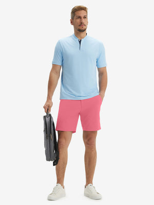 Full-body front view of model wearing the peach pink stretch soft flat front dress golf shorts for a complete look