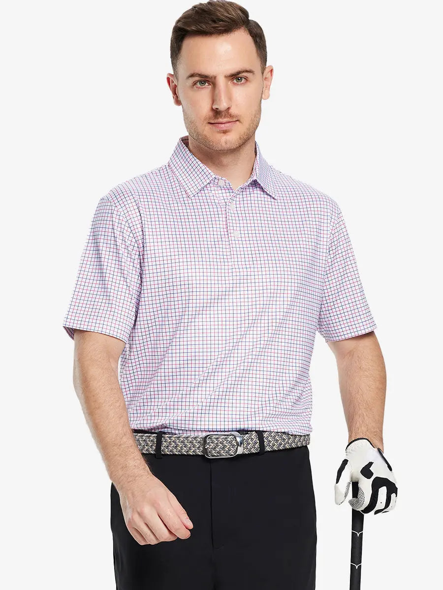 The model shows the front half-length image of the WHITE GRID  golf polo shirt, paired with a golf club, showing a sporty and elegant temperament