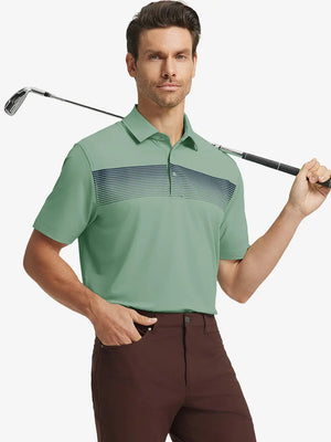 Half-body front view of model holding golf club wearing BERYL GREEN Stylish Chest Print Snap Polo