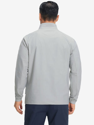Back view of lightweight water-resistant outerwear jacket on model, showing silver grey design