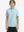 Front upper body of model wearing kids stylish stripe polo shirts, playful stripes with iced aqua stripe detail