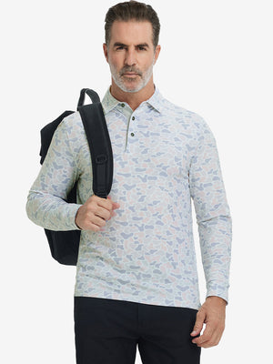 Model carrying bag, styled in brown & gray camo lightweight print long sleeve polo, sleek golf outfit.