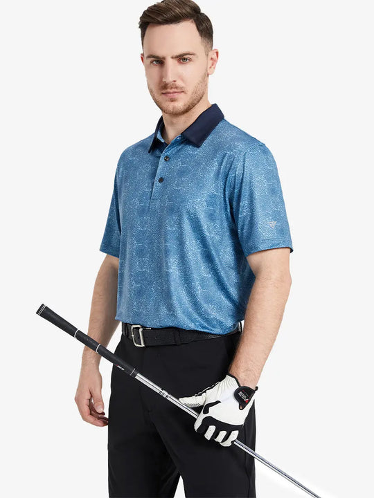 Model presents the midnight fireworks pattern polo shirt, blending festive energy with sporty design.