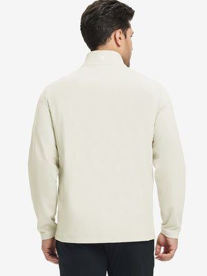 Back view of lightweight casual fleece jacket with 5 pockets, model in cream, relaxed fit