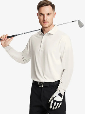 Model in CREAM Long Sleeve Solid Jersey Polo holding golf club with confident front pose