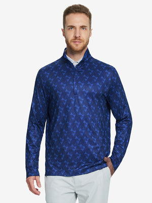 Men wearing Heather Pinstripe Brushed Dry Fit Quarter Zip Pullover in marina blue geo, front half body fit view