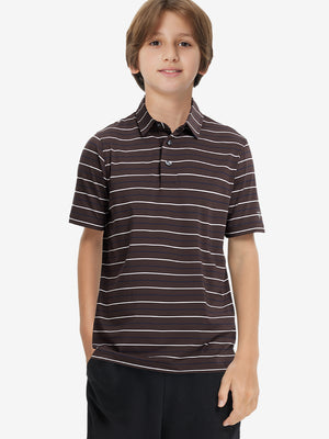 Front upper body of model wearing kids stylish stripe polo shirts, playful stripes with brown stripe detail