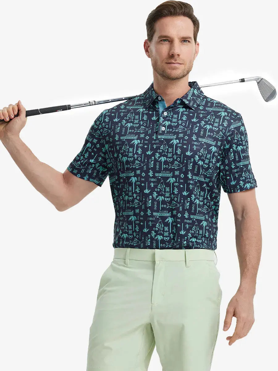 MAELREG Men's Performance Jersey Print Polo in Navy Ocean Beach – front half-body with golf pose