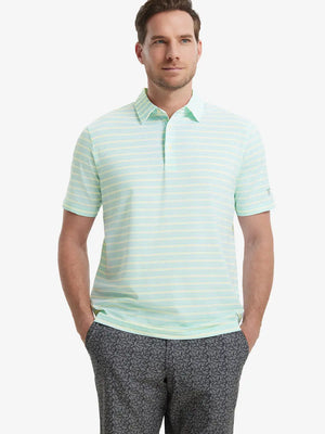Model in Aqua Blue Yellow Stripe Performance Stripe Golf Shirt – front half-body pose
