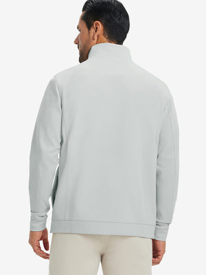 Back upper-body view of water-resistant zip up golf jacket on model, shown in silver grey.