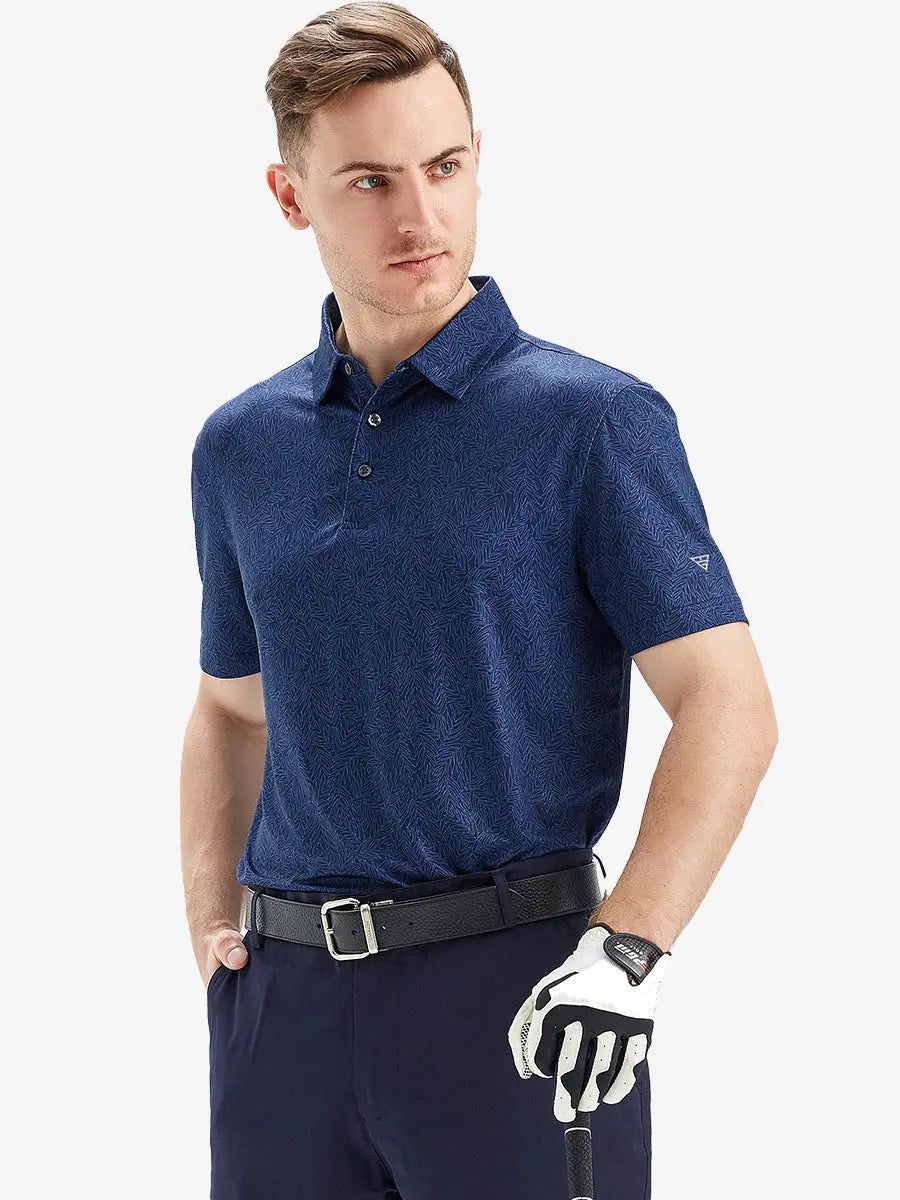 Model shown wearing a navy blue leaf-patterned polo shirt and holding golf clubs, the fresh and natural design is suitable for the golf course and casual wear.