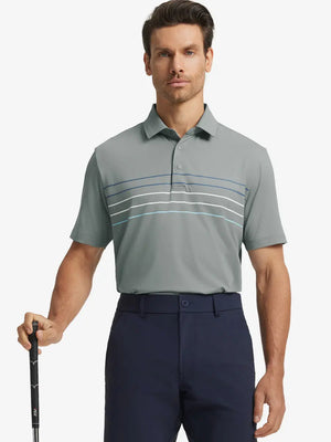 Half-body front view of model holding golf club wearing LIGHT GREY Stylish Chest Print Snap Polo