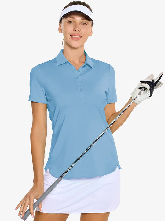 Front half-body of model in SKY BLUE Women's Performance Solid Polo holding golf club