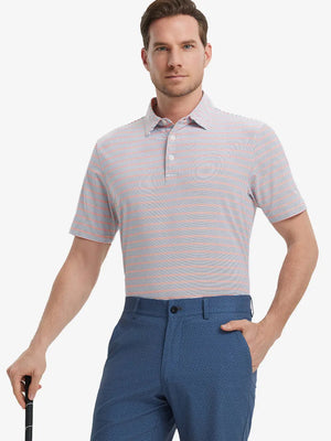 Model wearing Navy Red Stripe Performance Stripe Golf Shirt – front half-body pose