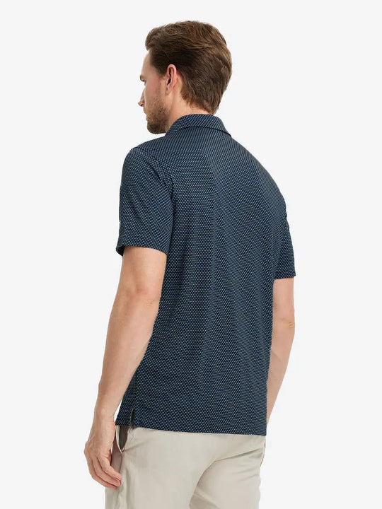 BLACK BLUE Your Favorite Jacquard Polo back view, half body of model