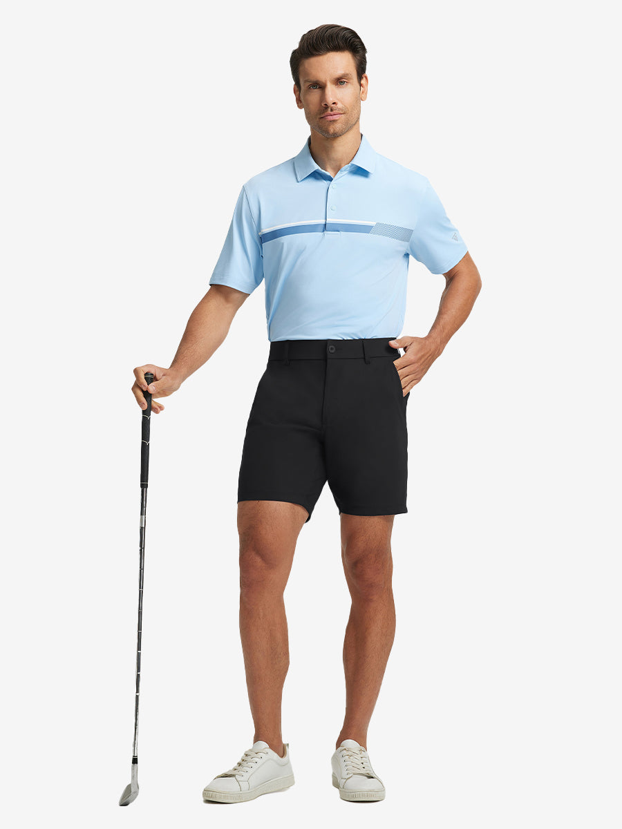 Full-body shot of model holding golf club, styled with Black Quick Dry Casual Shorts.