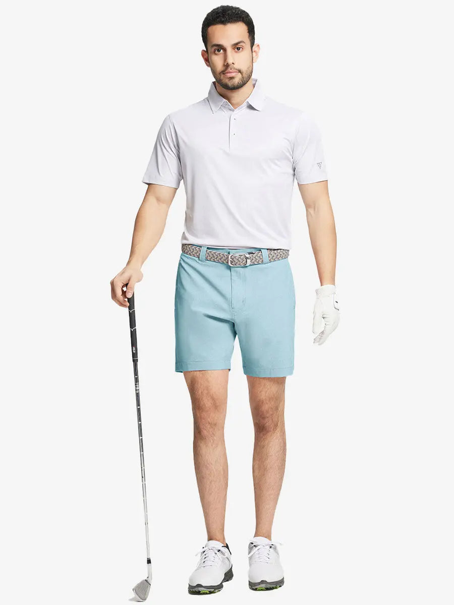 Full body front view of model wearing SKY BLUE 7 Inch Heather Performance Golf Shorts, holding a golf club