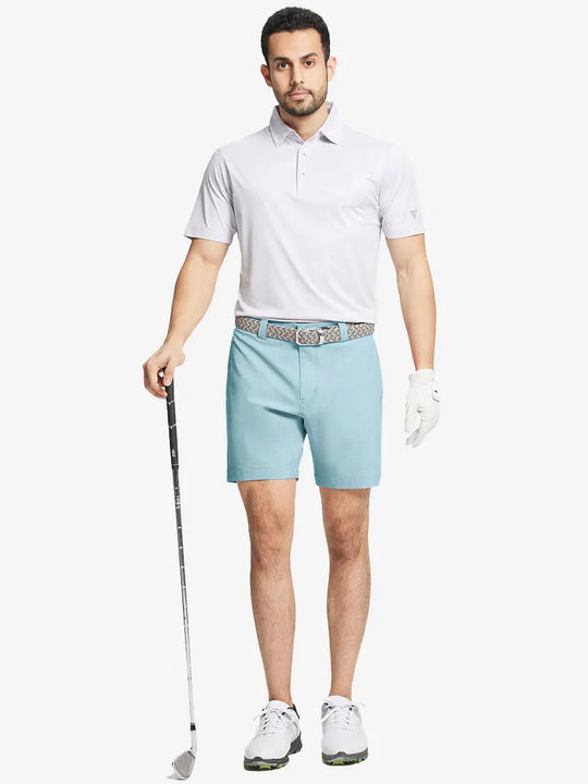 Full body front view of model wearing SKY BLUE 7 Inch Heather Performance Golf Shorts, holding a golf club