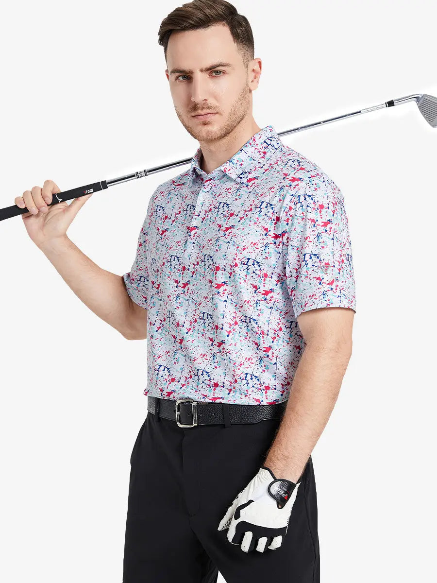 The model shows the front half-length image of the WHITE PAINTING golf polo shirt, paired with a golf club, showing a sporty and elegant temperament