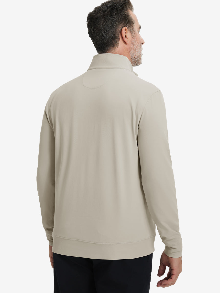 Back upper body view of the khaki light lightweight golf pullover, model turns head slightly with ease.