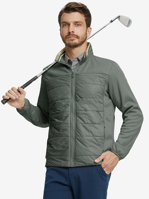 Model holding golf club, dressed in Golf Fleece Thermal Winter Jacket in Agave Green, sporty design.