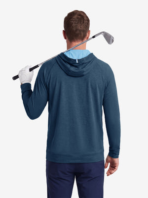 Model back upper body display shot, heather midlayer golf hoodies in dark blue heather