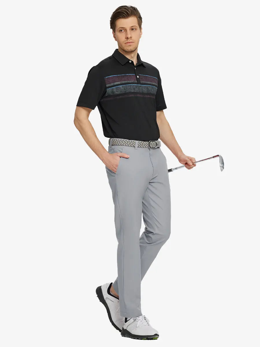 Full body front view of model wearing LIGHT GREY Water Resistant Everyday Pants, holding a golf club
