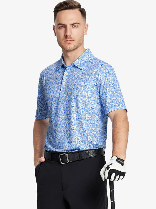 The model shows the front half-length image of the WHITE PAISLEY golf polo shirt, paired with a golf club, showing a sporty and elegant temperament