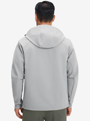 Back upper-body view of water-resistant heat-tech softshell winter jacket with hood in light grey.