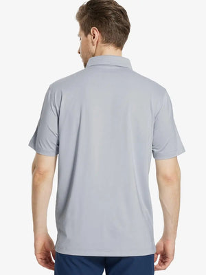 Back half-body view of male model wearing the Silver Grey Everyday Classic Solid Polo
